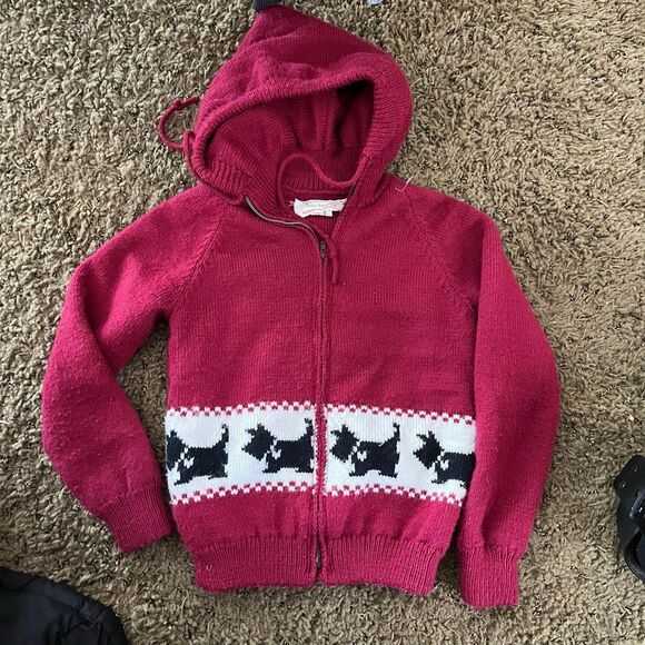 VTG 60s Handknit Double-Layer Scottie Dog Wool Hooded Jacket Kids 4/5T - Picture 1 of 7